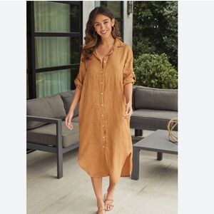 Milio Milano 100% linen Midi-Length Dress in Brown Medium: Euro summer